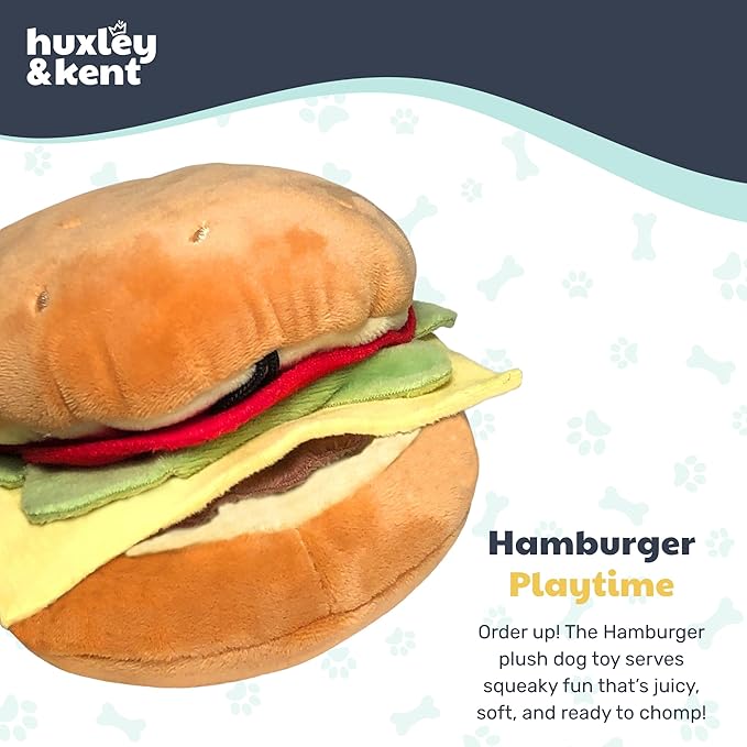Huxley & Kent Funny Dog Toy w/Squeaker – Power Plush Squeaky Dog Toys for Small, Medium & Large Dogs – Soft Stuffed Animal for Indoor Play & Fetch - Hamburger, Large
