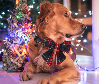 DOGWONG Cotton Dog Collar with Bowtie, Stylish Christmas Dog Bow Red Plaid Dog Collar Adjustable Puppy Necklace for Small and Medium Dogs