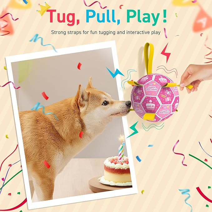 QDAN Dog Birthday Toys, Squeaky Dogs Toys, Dog Soccer Ball with Straps, Puppy Gifts, Herding Balls with Bell Inside, Water Toy, Durable Ropes Ball for Medium Large Dogs (8 inch)