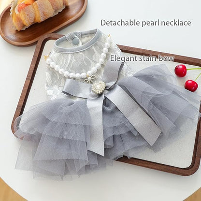 ANIAC Gray Dog Dress for Small Dogs Female,Bow Knot Girl Puppy Clothes with Detachable Pearl Necklace, Elegant Cat Dress, Formal Pet Pary Outfit for Wedding Birthday Valentines (Gray, Medium)