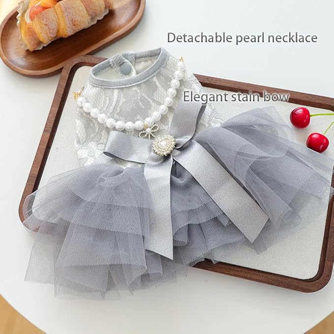 ANIAC Gray Dog Dress for Small Dogs Female,Bow Knot Girl Puppy Clothes with Detachable Pearl Necklace, Elegant Cat Dress, Formal Pet Pary Outfit for Wedding Birthday Valentines (Gray, Large)