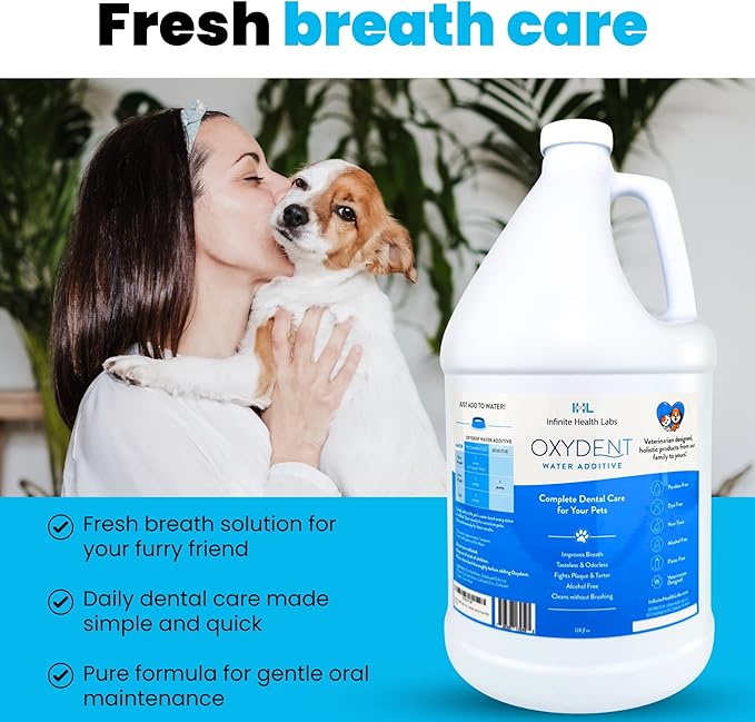 Oxydent Premium Pet Dental Care Solution - Pet Water Additive & Mouthwash for Teeth Cleaning - Eliminate Bad Dog & Cat Bad Breath - Dog Dental Rinse - Fights Tartar & Plaque - 1 Gallon
