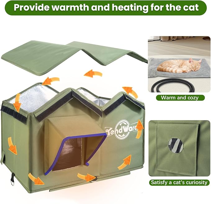 Heated Cat House for Outside Outdoor Cat House with Elevated Base Cat-Attracting Eave Design Feral Stray Shelter Weatherproof in Winter Garage Yard Porch Size L