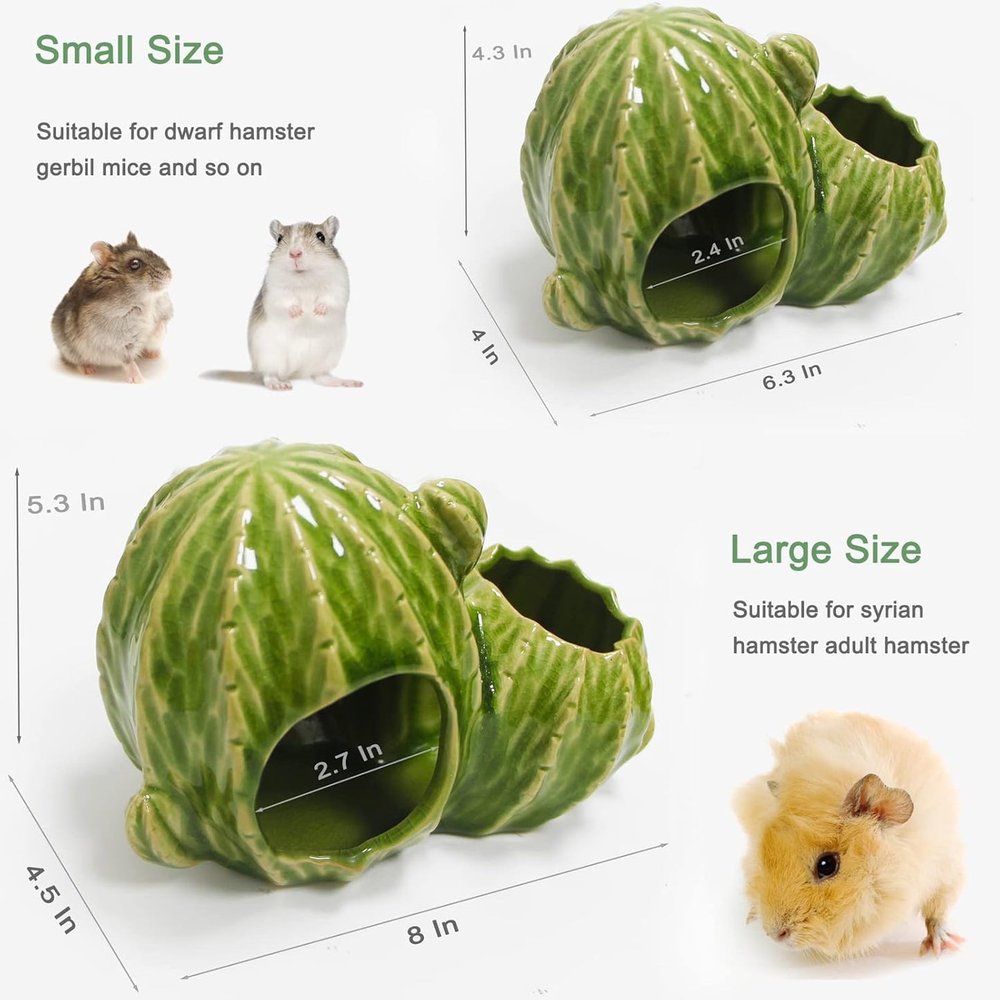 Ceramic Hamster Hideout, Dwarf Hamster House with Double Doors Syrian Hamster Hut Hideout Habitat Decor, Anti Bite Hideaway House Cave for Mice Gerbil (Large, Green)