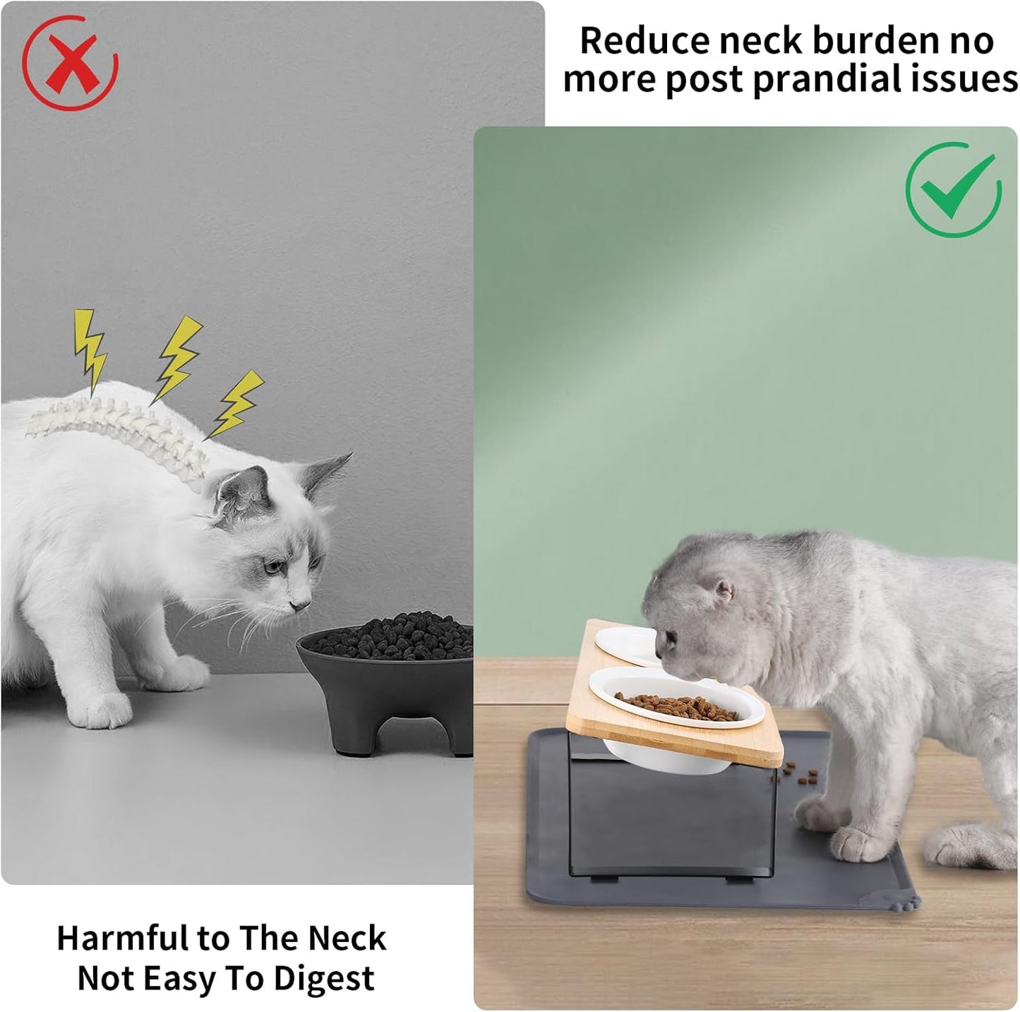 Elevated Whisker Friendly Cat Bowls, 15 Tilted Stand Anti Vomiting Raised Dishes for Food and Water, Ceramic Bowls for Cats and Puppy,Bamboo