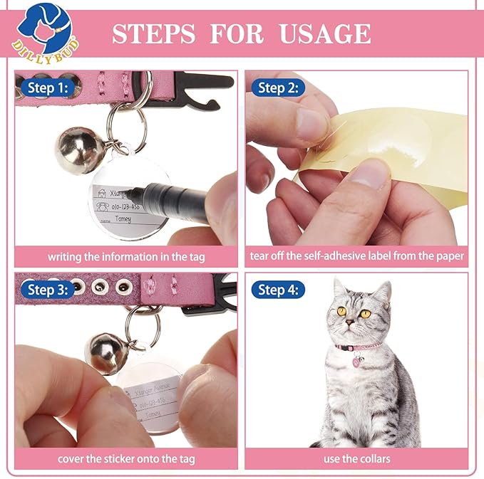 Leather Personalized Breakaway Cat Collar with Studded Bell and Safety Quick Release Buckle - Rivets Studded ID DIY Collars for Boy Girl Cats Kittens, 9" - 11.5" Pink