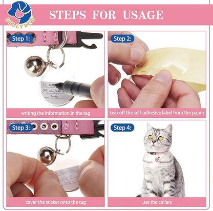 Leather Personalized Breakaway Cat Collar with Studded Bell and Safety Quick Release Buckle - Rivets Studded ID DIY Collars for Boy Girl Cats Kittens, 9" - 11.5" Pink