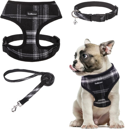 SCENEREAL No Pull Dog Harness Collar and Leash Set Small Medium Sized Dog, Soft Mesh Step in Puppy Harnesses, No Chock Plaid Adjustable Pet Vest for Outdoor Walking Training and Running, Black M