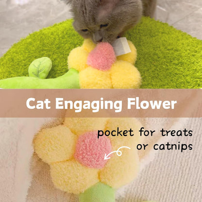 Catnip Refillable Interactive Cat Toy with Crinkle Sound, Flower Kicker Toy for Indoor Cats, Includes 6-Pack Catnip Pouches, Chew, Food Puzzle for Kitten Enrichment