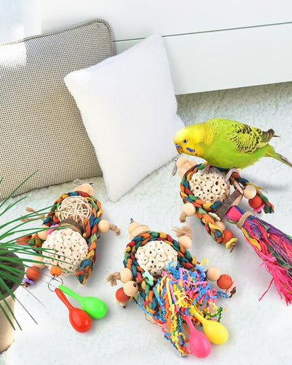 Bissap 3PCS Bird Parrot Foraging Shredder Hanging Toys Sola Balls with Sand Hammer for Small Parrots Parakeets Conures Cockatiels Love Birds Cage Toy