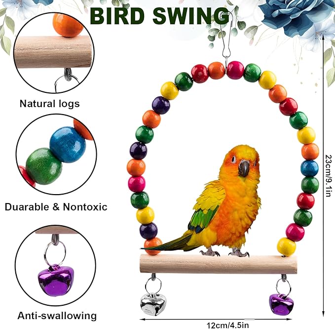 Bird Toys for Parakeets 7Pcs, Wood Parrots Budgie Cage Accessories, Bird Perch Swings for Small Conure Cockatiel Toys, Bird Ladder Swing for Parakeets Climbing 18''