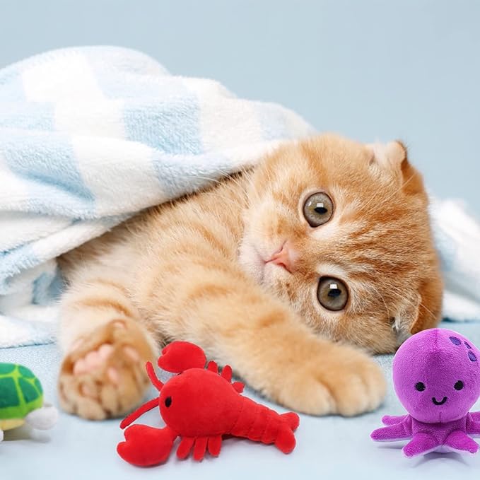 Catnip Toys for Indoor Cats Kitten Interactive Toys for Cat Lovers Gifts Chew Bite Kick Toys Supplies Lobster Octopus Crab Starfish Seahorse Sea Turtle Seafood Plush Catmint Pet Presents Set of 6