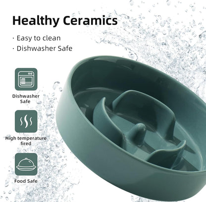 Ceramic 0.9 Cup Dog Bowl Slow Feeder for Small Dog, 6.1inch Pet Slow Feeder, Wet and Dry Food Dish, Stop Bloat, Preventing Choking(Single Bowl-Dark Green)