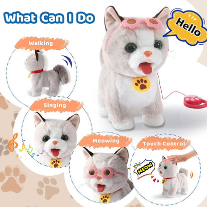Walking Cat Set Interactive Talking Toy Kitten Repeat What You Say Robot Cat Toy for Girl Singing Dancing Touch Control with Leash Wagging Tail Nodding Plush Electric Ragdoll Kitty for Kid
