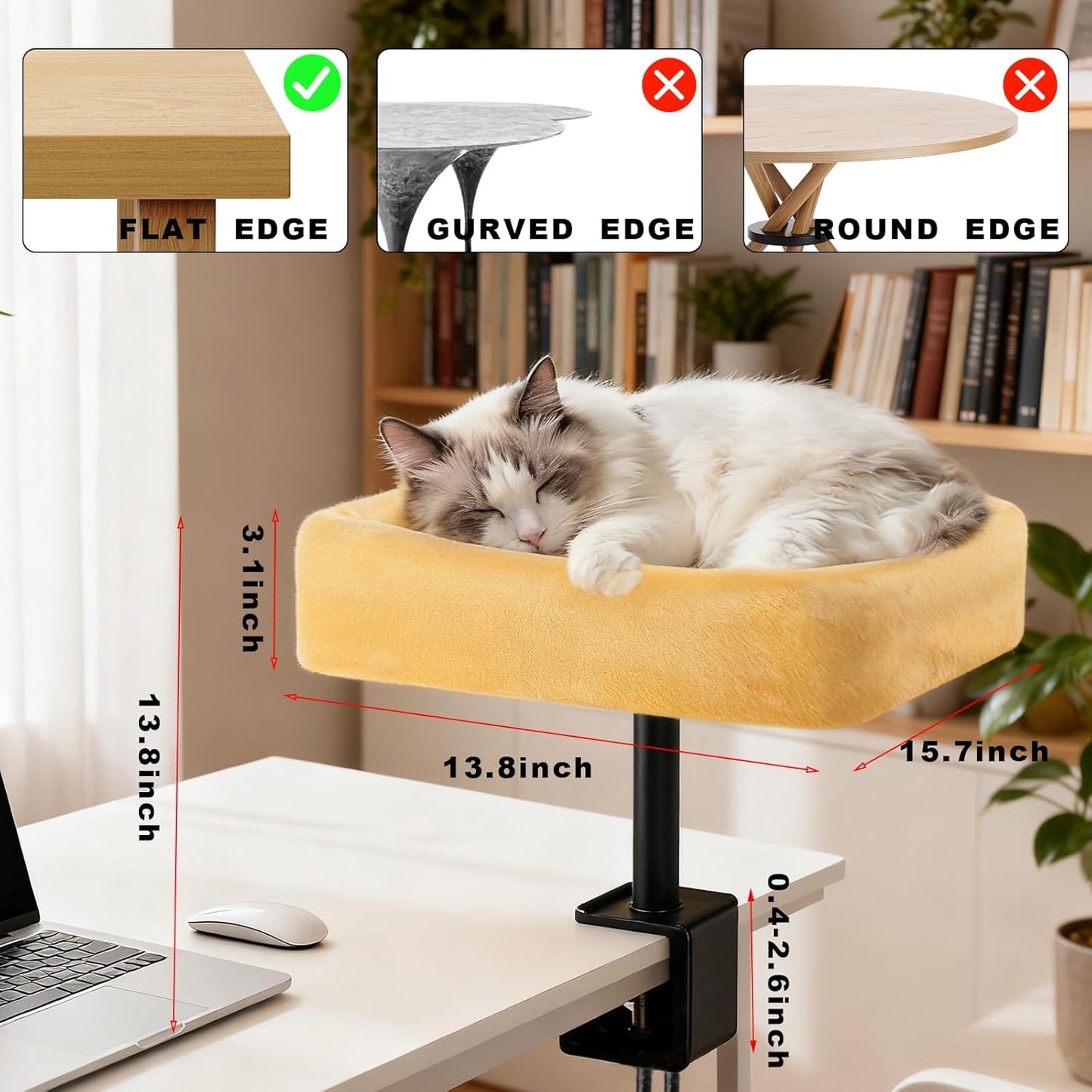 Cat Desk Bed, Sturdy Cats Bed for Desk with Washable Cover, Dual-Sided Breathable Summer & Winter, Comfortable Soft Pet Nest Bed with Reinforced Steel Frame, Easy Assembly for Home Office/Study Room