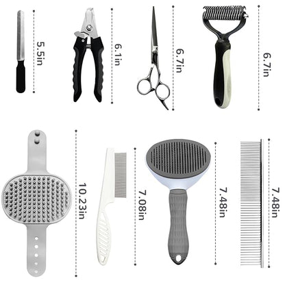 Dog Brush & Grooming Kit – 9-Piece Pet Brush & Deshedding Set for Shedding, Bathing, Trimming & Nail Care | Grooming Tools for Dogs & Cats, Includes Comb, Nail Clipper, Scissors, Slicker Brush (Gray)