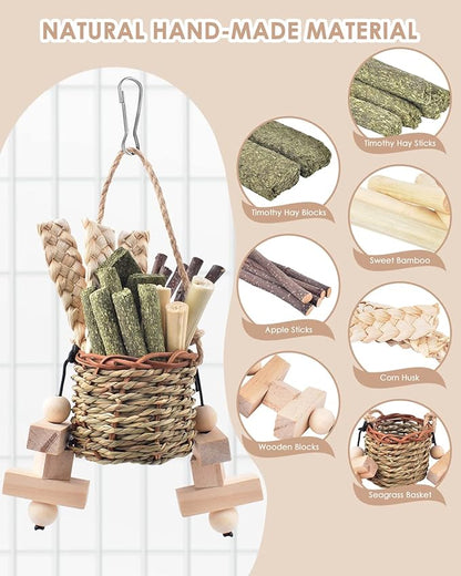 Bissap Rabbit Chew Toys, Natural Seagrass Hanging Basket Chews Water Plant Woven Bunny Chewing Treats for Guinea Pigs Chinchillas Hamsters Rats and Other Small Pets Teeth Grinding Toy