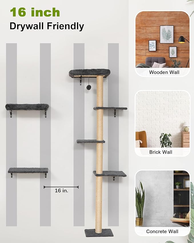 FUKUMARU Cat Wall Shelves, Stable Wall Mounted Cats Furniture Set, Kitten Scratching Post with Soft Cushion Perch, Space Saving Climbing Wall for 16 Inch Drywall - Gray