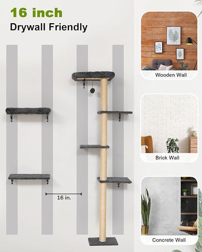 FUKUMARU Cat Wall Shelves, Stable Wall Mounted Cats Furniture Set, Kitten Scratching Post with Soft Cushion Perch, Space Saving Climbing Wall for 16 Inch Drywall - Gray