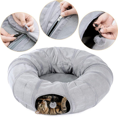 PAWZ Road Cat Tunnel Bed Large Cat Donut Tunnel for Indoor Cats, Collapsible Cats Tube with Central Mat, Peek Hole and Cat Toy Hanging Balls