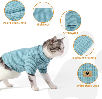 KOOLTAIL Cat Sweater for Sphynx - Soft Fleece Sweaters for Cats Only, Elastic Pet Clothes with Sleeves, Thick Winter Warm Cold Weather Apparel for Hairless Cat, Puppy Pajamas for Small Dogs, Blue L