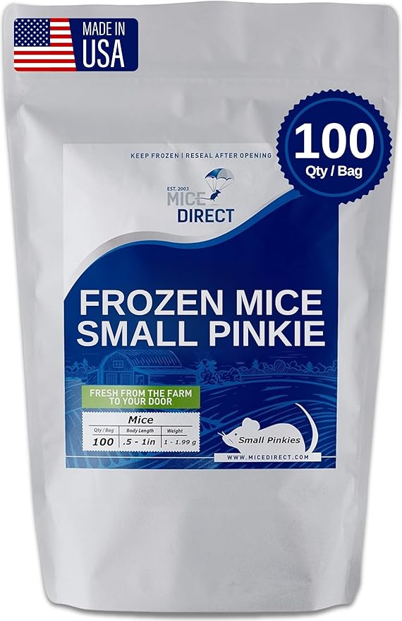 MiceDirect 100 Frozen Mice Small Pinkie Feeders Snake Food for Corn Snakes Ball Pythons Lizards Reptiles (.5-1 in) (Pack of 100) (100 Grams Min)