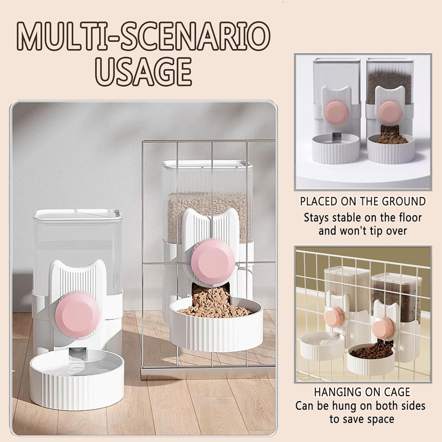 kathson Hanging Automatic Pet Food and Water Dispenser,Gravity Auto Rabbit Feeder for Cage,Guinea Pig Feeder and Waterer Set,Cat Food Bowl Dog Feeding Station for Bunny,Ferret,Chinchilla (Pink)