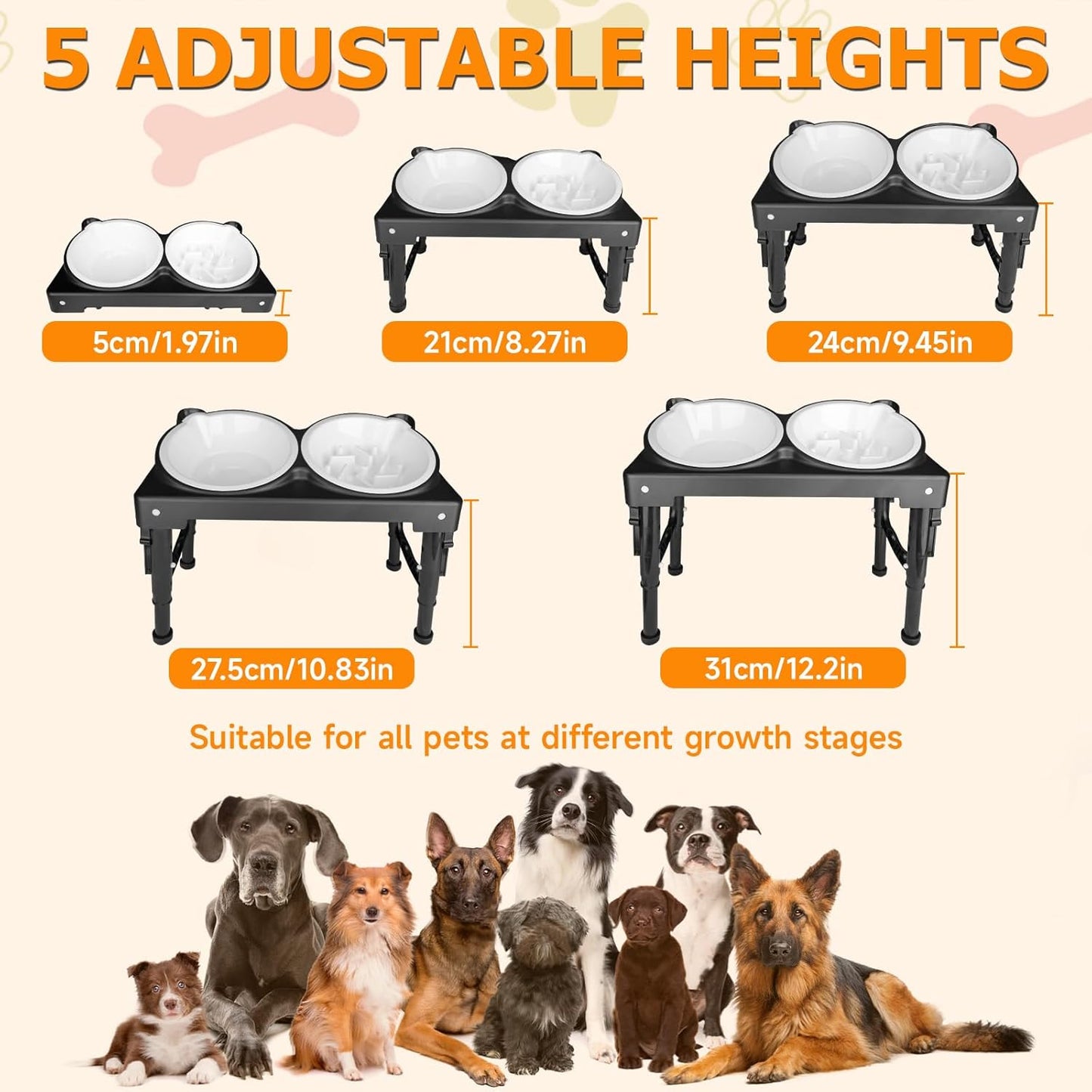 Elevated Dog Bowls Collapsible for Large Size Medium Small Dogs, 2 Raised Dog Bowls for Food Water &1 Slow Feeder Bowl, 5 Heights Adjustable Bowl Stand with Non-Slip Feet