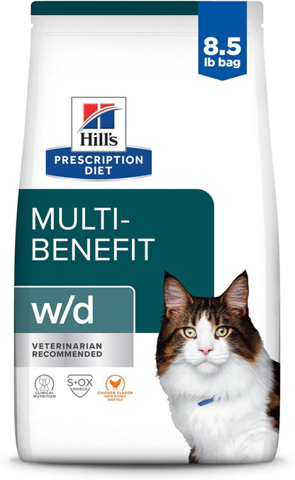 Hill's Prescription Diet w/d Multi-Benefit Digestive/Weight/Glucose/Urinary Management Chicken Flavor Dry Cat Food, Veterinary Diet, 8.5 lb. Bag