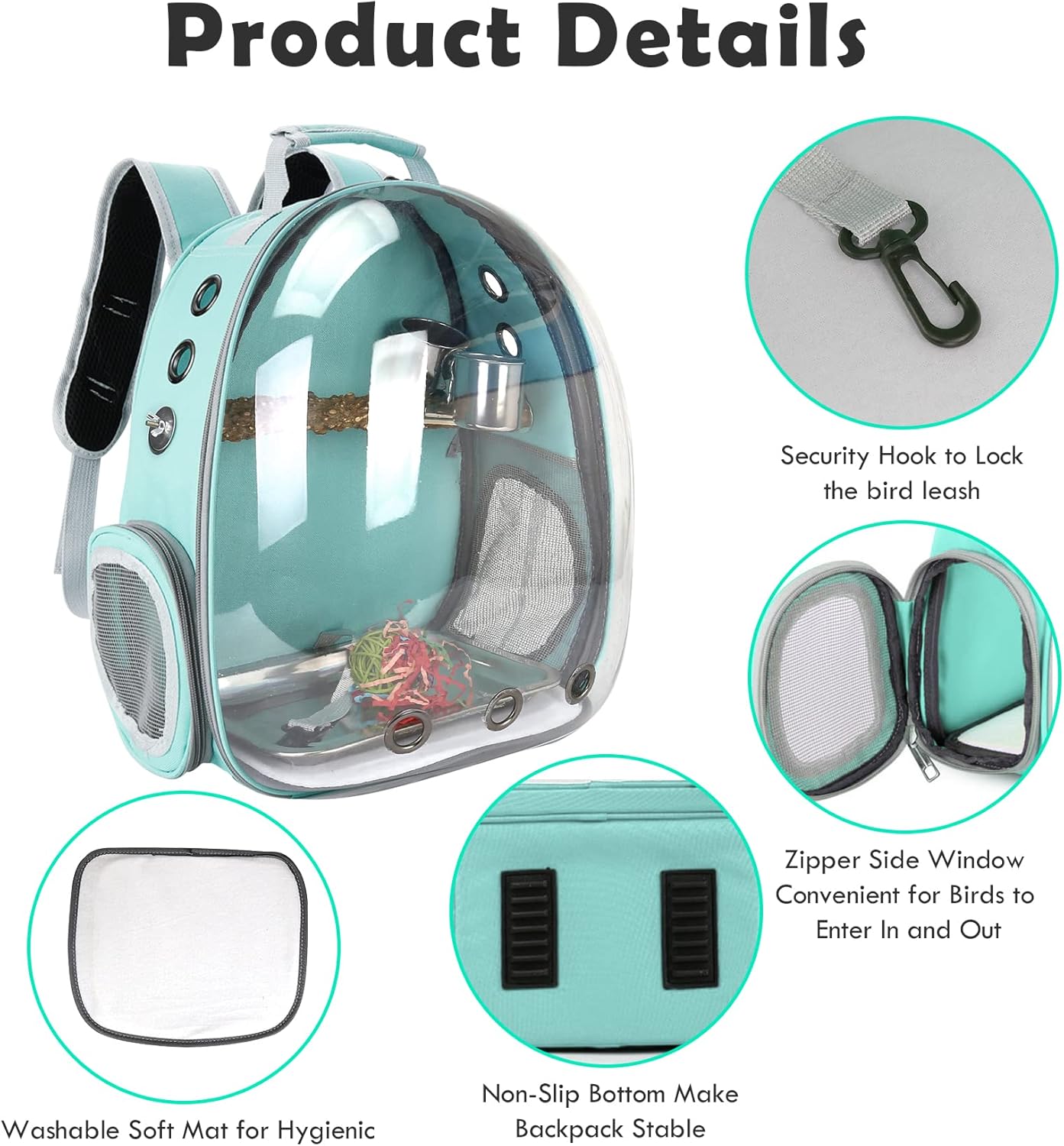 Bird Backpack Carrier with Perch, Portable Bird Travel Cage Bag, Clear Parrot Carrier Cockatiel Cage with Toy Stainless Steel Food Bowl Tray for Conures Parakeet Budgie Canary Lovebirds Small Animals