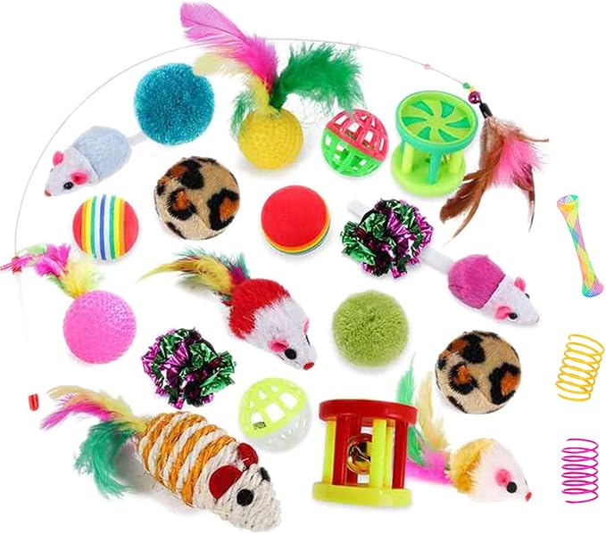 32Pcs Cat Toys Kitten Interactive Pet Toys Assortments, Foldable Rainbow Tunnel, Teaser Wand Fluffy Mouse Crinkle Balls Bell Play for Puppy Kitty (3 way)