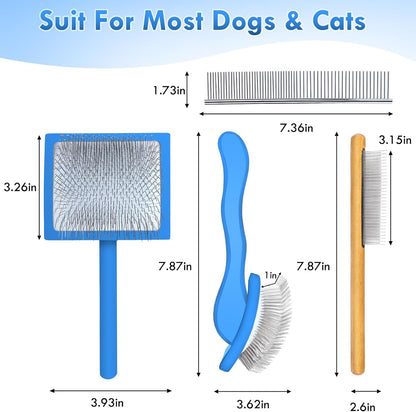 Dog Slicker Brush for Medium or Long Haired Dogs, Long Pin Slicker Brush for Removes Loose Hair, Tangles and Knots, Best Grooming Tools for Small Animals, Large, Free Pet Comb, Blue