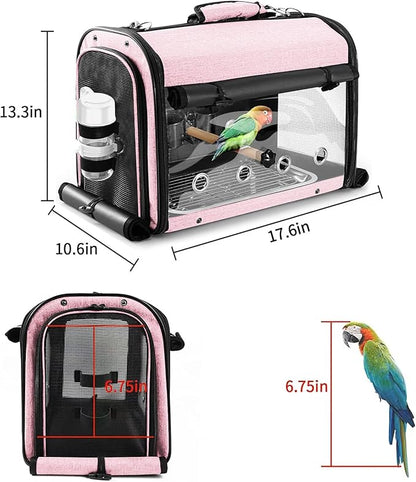 SUERTREE Bird Carrier Bag Bird Travel Cage with Stand, Lightweight Backpack for Parrot, Portable Bird Travel Bag, Pet Transparent Breathable Travel Cage, Pink