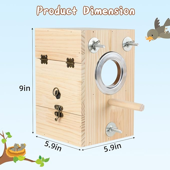 Parakeet Nesting Box Transparent Design, Natural Wood Bird Nest Breeding Box with Perch, Acrylic Bird House for Cage Bird Nesting Box for Small Cockatiel Lovebirds Finch Parrot Canary M