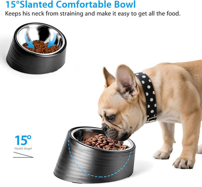 Slanted Small Cat Food Bowl 0.5 Cup, 15° Tilted Stainless Steel Mini Dog Puppy Food Bowl, Non-Slip & Non-Spill Small Kitten Pet Feeder with Elevated Detachable Melamine Stand, Easy to Get Food