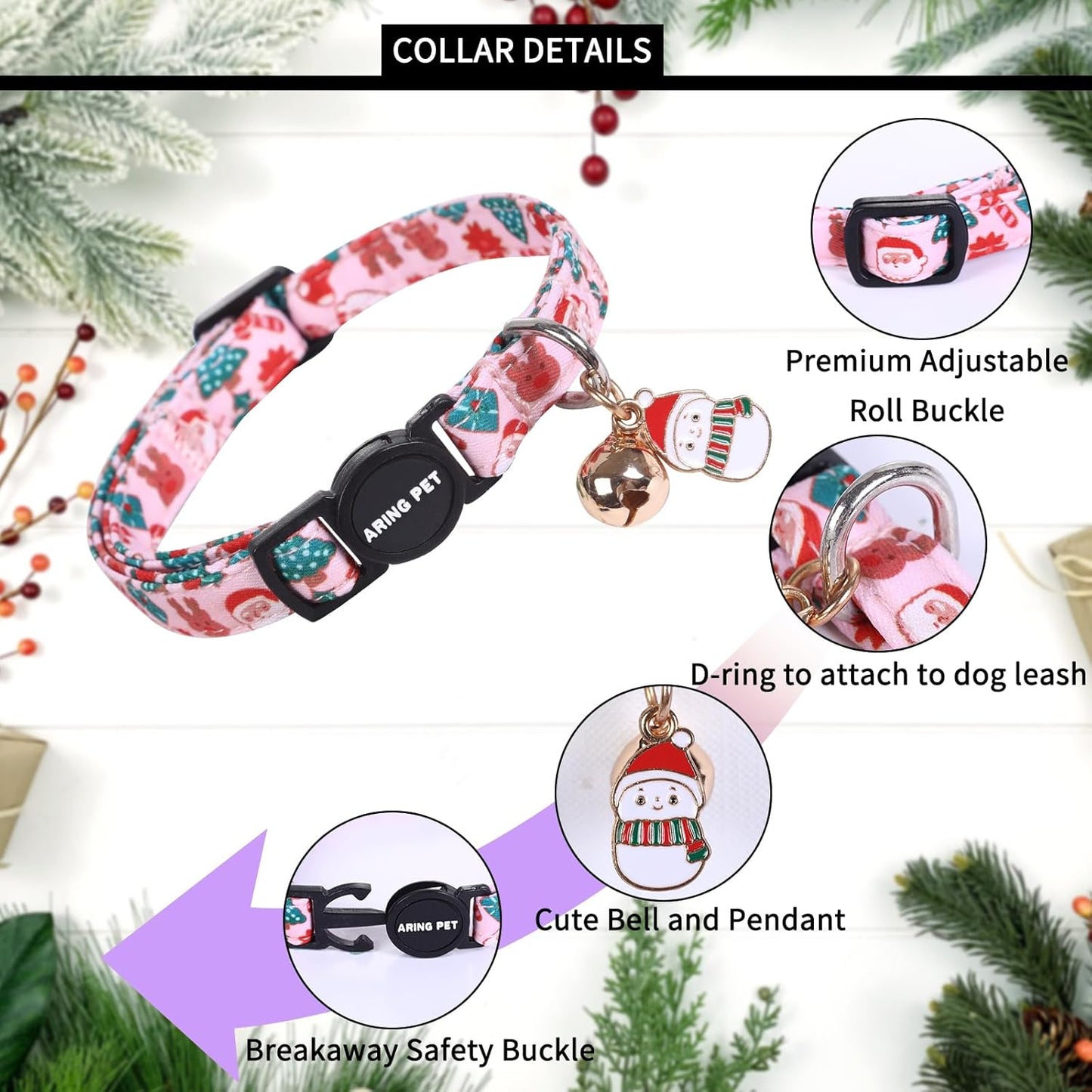 ARING PET 2 Pack Cat Collar, Christmas Breakaway Kitten Small Collars with Bells for Girl Boy Cats-Pink Reindeer Santa Claus & Green Xmas Tree