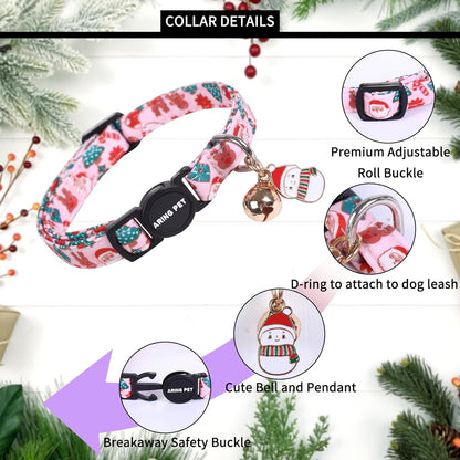 ARING PET 2 Pack Cat Collar, Christmas Breakaway Kitten Small Collars with Bells for Girl Boy Cats-Pink Reindeer Santa Claus & Green Xmas Tree