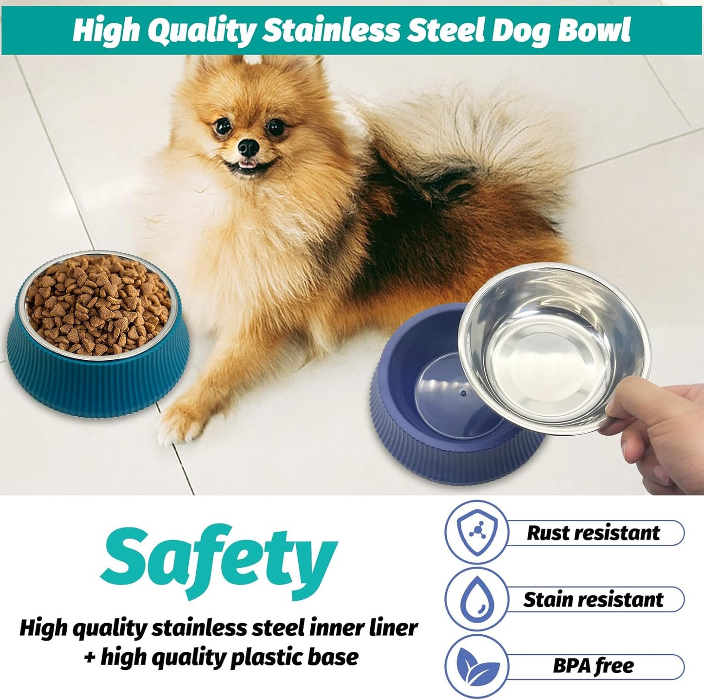 kathson 2PCS Stainless Steel Dog Bowls Set Removable no tip Puppy Food and Water Feeder Bowl Basic Metal Small Dog Bowls for Dogs Cats Rabbit Guinea Pigs Ferret