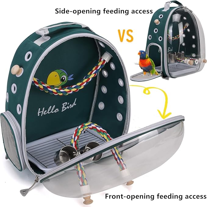 Bird Traval Carrier Cage, Multi Vent Holes Clear Space Capsule Astronaut Backpack to Carry Parakeet Cockatiel Parrot with Metal Tray Wood Perch, Vet Transport Book Bag (Green) (GREEN1)