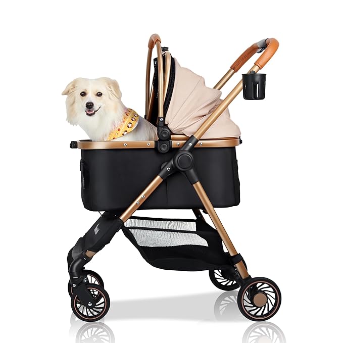 3-in-1 Pet Stroller for Small Dogs & Cats up to 33lbs, One-Touch Fold 4-Wheel Cart with Removable Carrier, Rear Brake & Storage Basket
