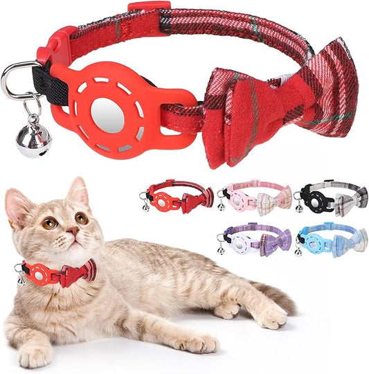 Airtag Cat Collar with Bells and Bowtie -Safety Elastic Band Kitten Collar for Apple Air Tag Holder- Cute GPS Cat Tracker Collars for Girl Boy Cats and Puppies, Adjustable 8"-12" Red