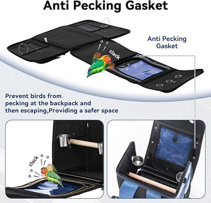 Petsfit Bird Carrier with Anti-Pecking Band,Bird Backpack Carrier with 2 Level Height to Adjust Standing Perch and Shade Cover Blue