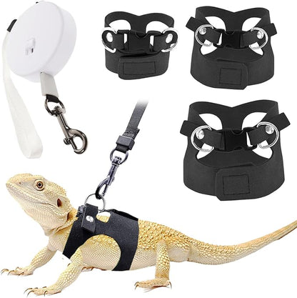 Bearded Dragon Leash and Harness Set - 3-Size Adjustable Soft Leather Vest with Retractable Leash, Easy-Wear Design (Black, 3M)