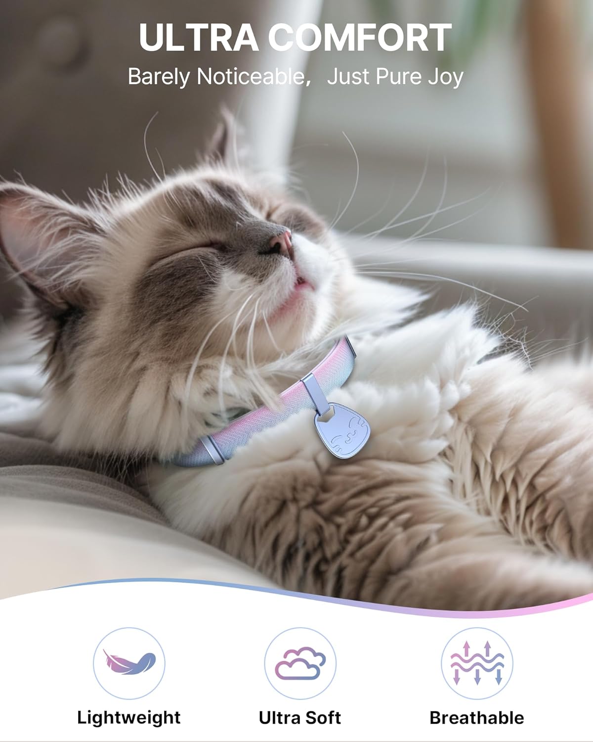 Cat Collar with QR Code Name Tag, Breakaway Kitten Collar for Boy & Girl Cats, Ultra Soft Elastic Adjustable Band, Safety Break Away Buckle, Comfortable & Secure Pet ID Collar (6"-12"), Iridescent