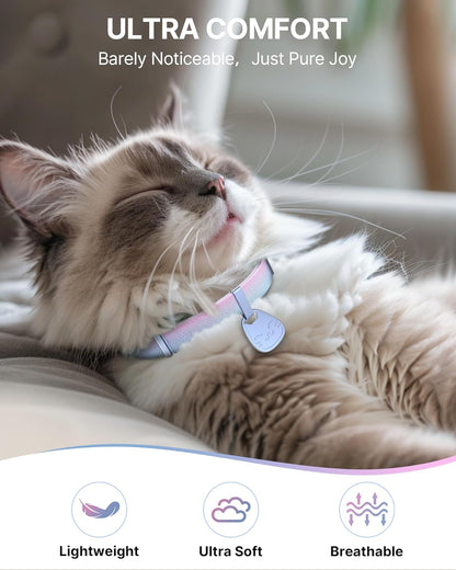 Cat Collar with QR Code Name Tag, Breakaway Kitten Collar for Boy & Girl Cats, Ultra Soft Elastic Adjustable Band, Safety Break Away Buckle, Comfortable & Secure Pet ID Collar (6"-12"), Iridescent