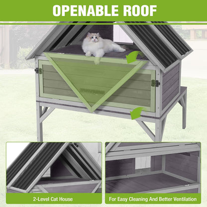 GUTINNEEN Large Outdoor Cat House 2-Story Insulated Cat House Indestructible Weatherproof Feral Cat Shelter with Openable Roof, Escape Doors for 1-6 Feral Barn Cats (Winter-Ready, 43.3"x34.3"x48.5")