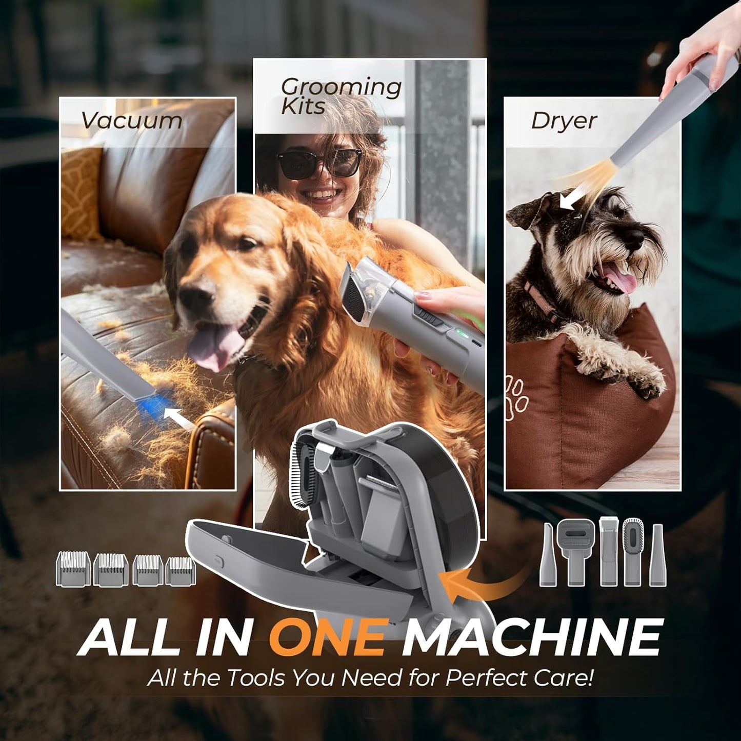 Dog Grooming Vacuum and Dryer, Pet Grooming Vacuum for Dogs with 3 Liter Canister, 15000Pa Suction Dog Vacuum for Shedding Grooming, Extra Space for Storage for 5 Grooming Kits, Grey