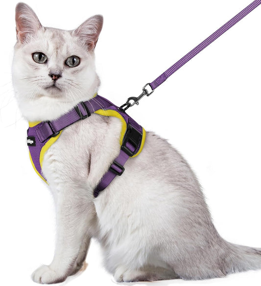 rabbitgoo Cat Harness and Leash for Walking, Escape Proof Soft Adjustable Vest Harnesses for Cats, Easy Control Breathable Reflective Strips Jacket, Purple&Yellow, M