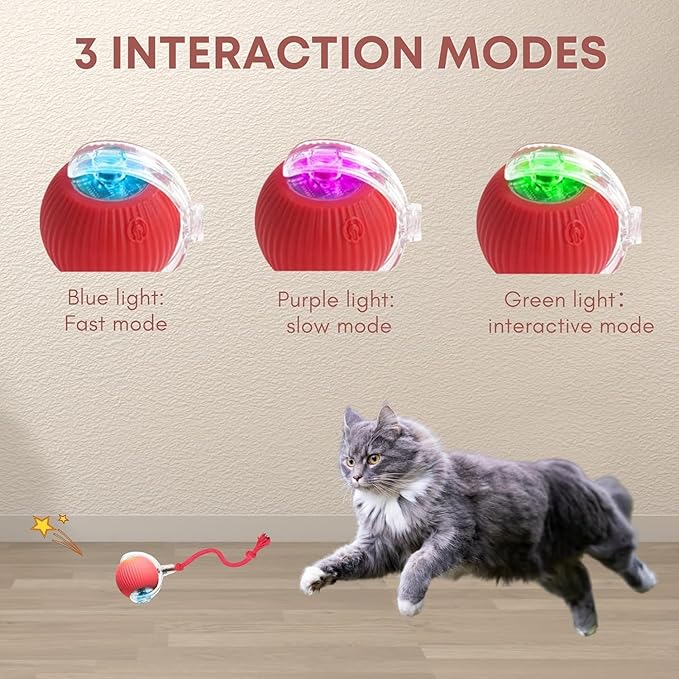 Rocfish Durable Interactive Cat Toys for Indoor Cats, Smart Automatic Cat Chase Ball Toy, Upgraded Speedy Tail Kitten Toy for Bored Indoor Adult Pets (Red)