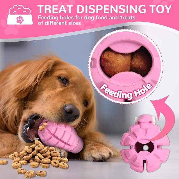 Dog Toys for Aggressive Chewers Large Breed, for German Shepherd, Indestructible Interactive Treat Dog Toys for Large Medium Breeds, Food Grade & Tough Rubber, Fun to Chew, Chase and Fetch (Pink)